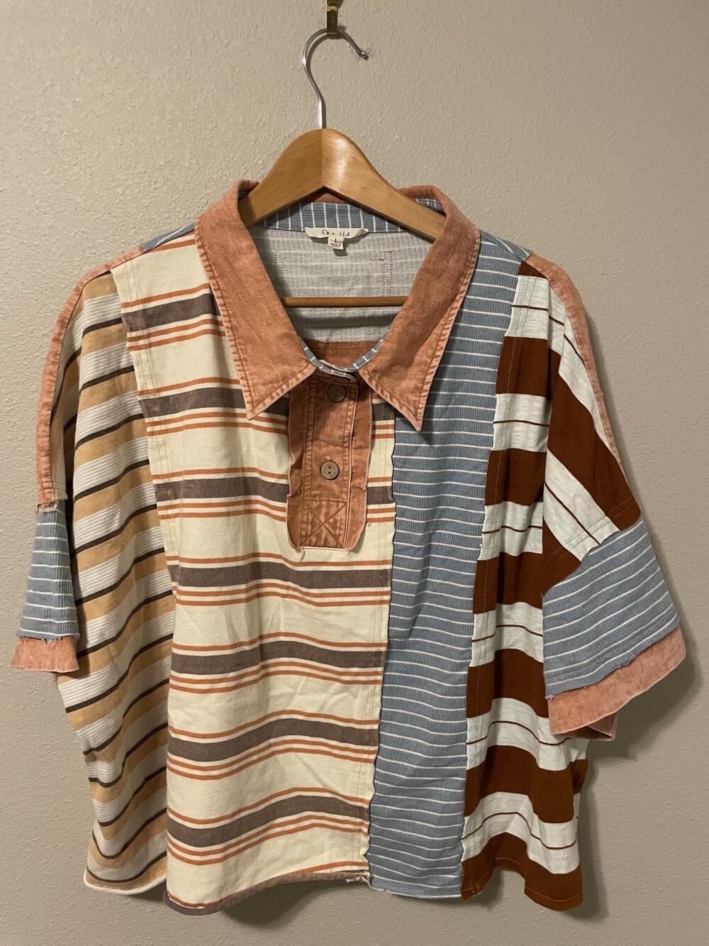 Oli & Hali Polo Shirt Womens Large Multicolor Stripe Patchwork Collared Boho